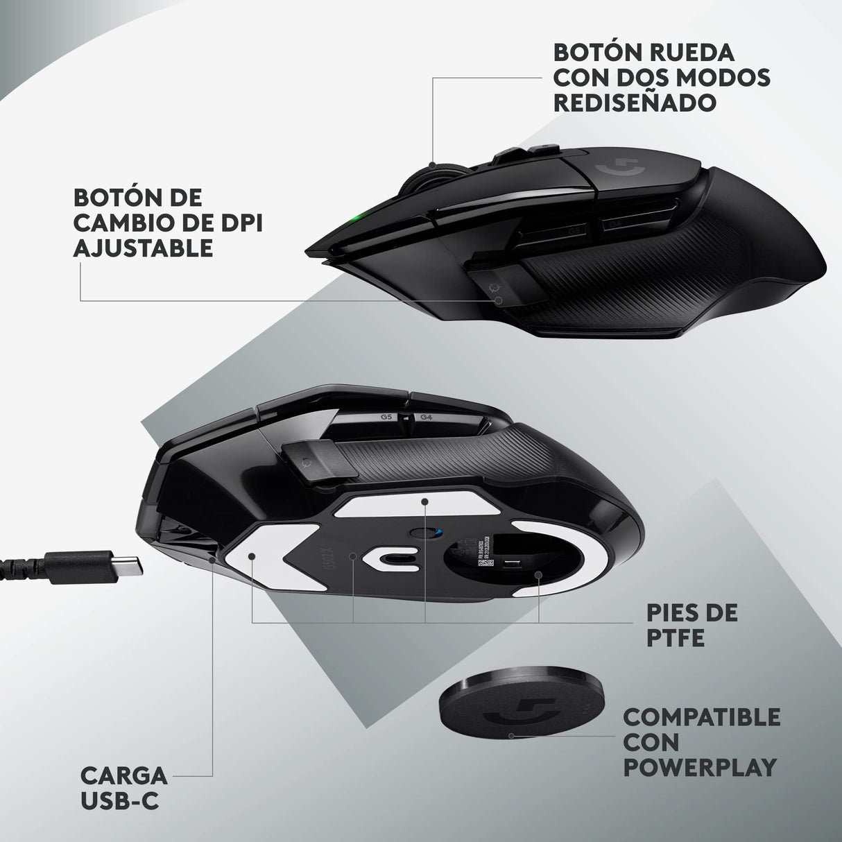 Logitech G G502 X LIGHTSPEED Ratón inalámbrico para Gaming - Ratón óptico con interruptores óptico-mecánicos híbridos LIGHTFORCE, sensor HERO 25K, compatible con PC - macOS/Windows - Negro