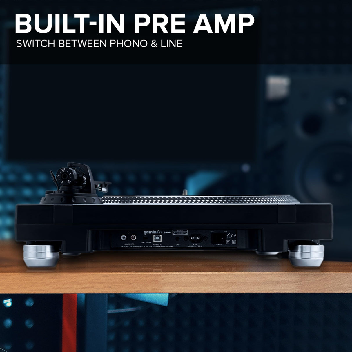Gemini Sound TT-4000 DJ DIRT-DRIVE DJ TurnTable, Torque alto, 3 velocidades de grabación de vinilo, preamplificador de fono conmutable, control de tono variable, plato de aluminio fundido a presión