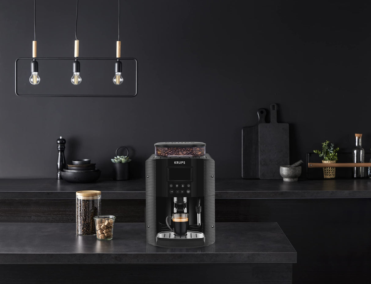 Krups Máquina de café Essential, molinillo de granos, cafetera espresso, pantalla LCD, limpieza automática, boquilla de vapor para capuchino negro YY8135FD