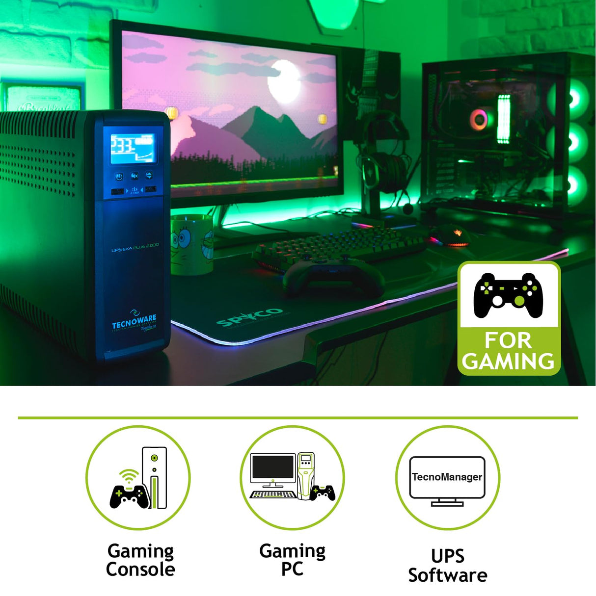Tecnoware UPS EXA PLUS 2000, Sistema de Alimentación Ininterrumpida 2000VA, Protección contra apagón para Professional PC y Consola Gaming, AVR, USB, Autonomía 20min PC Gaming-50min Consola Gaming