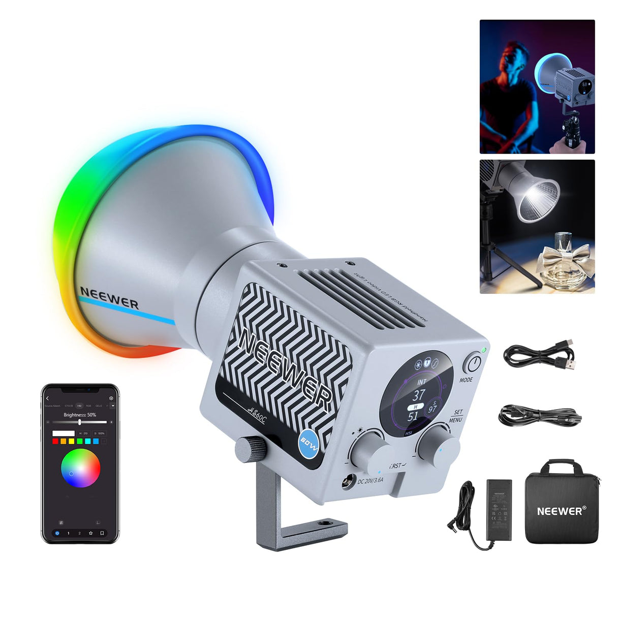 NEEWER 60W Luz Video LED RGB Portátil Luz Relleno de Mano, App/2.4G/Control Panel 18 Escenas 8700Lux/1m 2700-6500K CRI97+ Iluminación Continua COB Regulable para Transmisión Grabación Video, HS60C