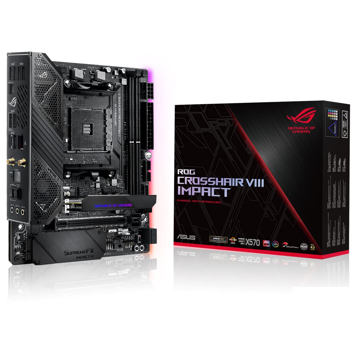 ASUS ROG Crosshair VIII Impact - Placa base Gaming mini-DTX AMD AM4 X570 con tarjeta SO-DIMM.2 (dos M.2), Wi-Fi 6, PCIe 4.0, sonido SupremeFX, iluminación Aura Sync RGB, SATA 6 Gb/s y USB 3.2 Gen. 2