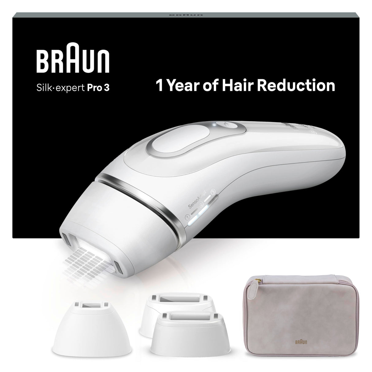 Braun Luz Pulsada Silk-expert Pro 3, Eliminación Del Vello En Casa, Alternativa a Depilación Láser, Depiladora IPL Con Funda y 3 Cabezales Para Cara y Cuerpo, Blanca/Plateada, PL3230