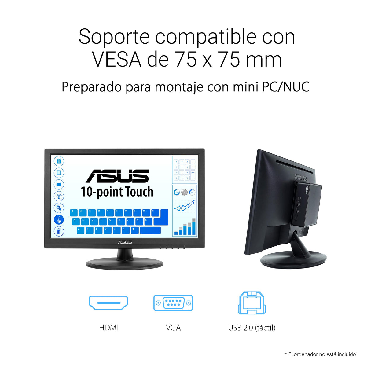 ASUS VT169HE Monitor táctil de 16" FHD (1920 x 1080), táctil de 10 Puntos, IPS, ángulo de visión Amplio, sin Marco, antiparpadeo, luz Azul Reducida, HDMI, Compatible con Windows 11