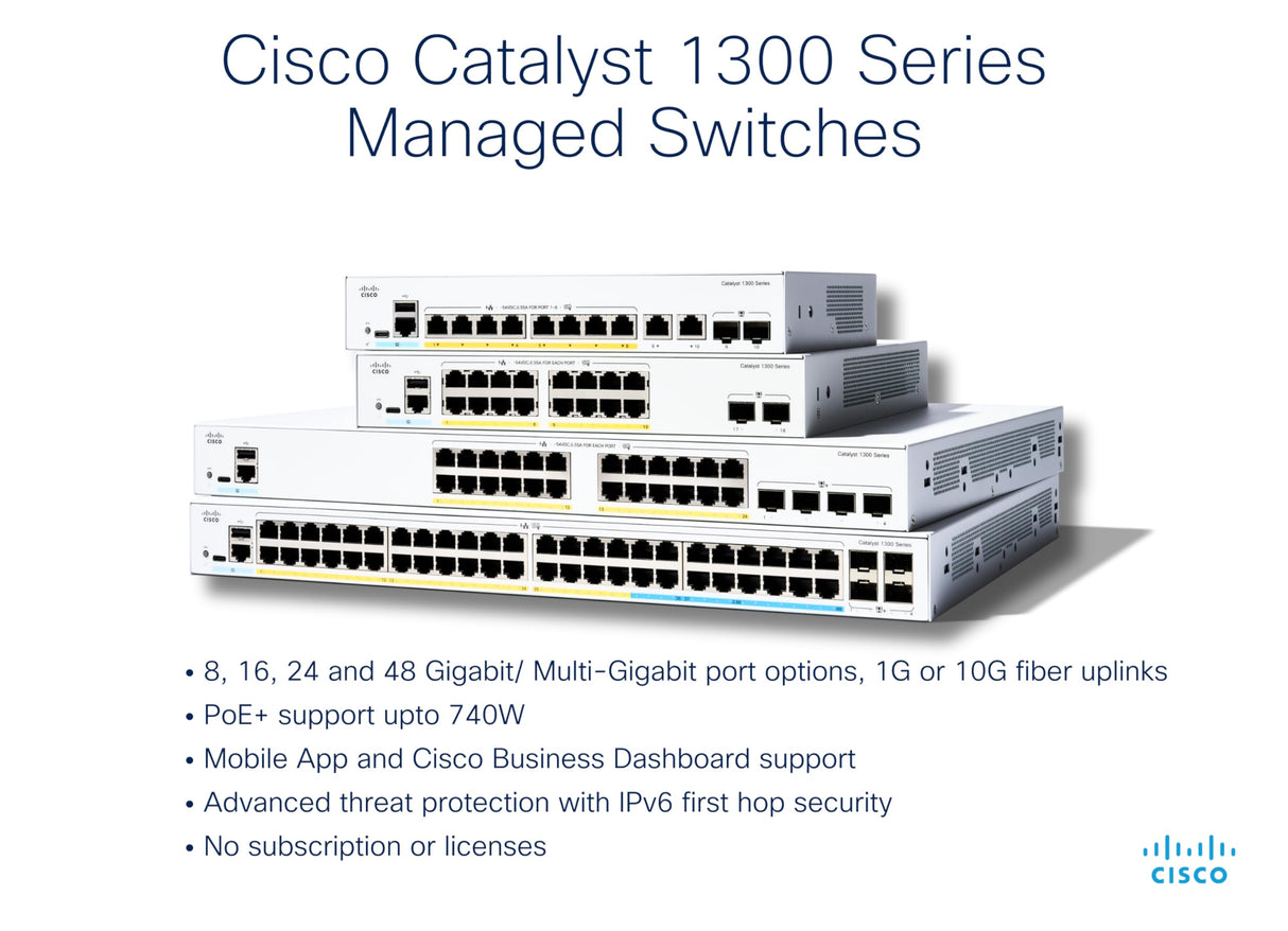 Cisco Switch gestionado Cisco Catalyst 1300-48P-4X, GE de 48 Puertos, PoE, SFP+ GE 4x10, protección Limitada de por Vida (C1300-48P-4X)