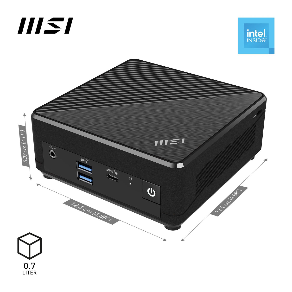 MSI Cubi N ADL S-079DE Mini PC, Intel Celeron N100, 4 GB DDR4, 128 GB M.2 SSD, USB 3.2 Gen 2 Type C (DP Alternate), HDMI 2.1 y DP 1.4, Bluetooth 5, Fanless, Windows 11Pro, VESA, Negro