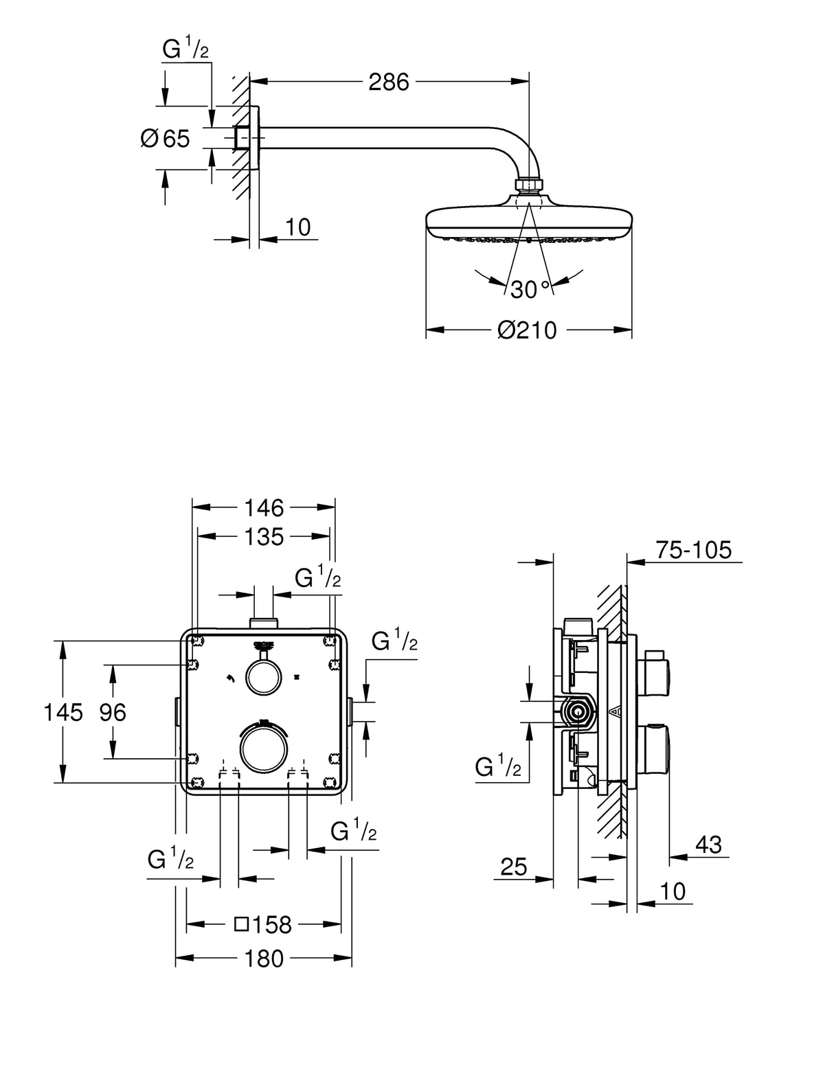 Grohe Grohtherm Tempesta - Set de ducha con termostato, cuerpo empotrado, ducha mural, brazo de ducha y teleducha, Cuandrado (Ref.34728000)