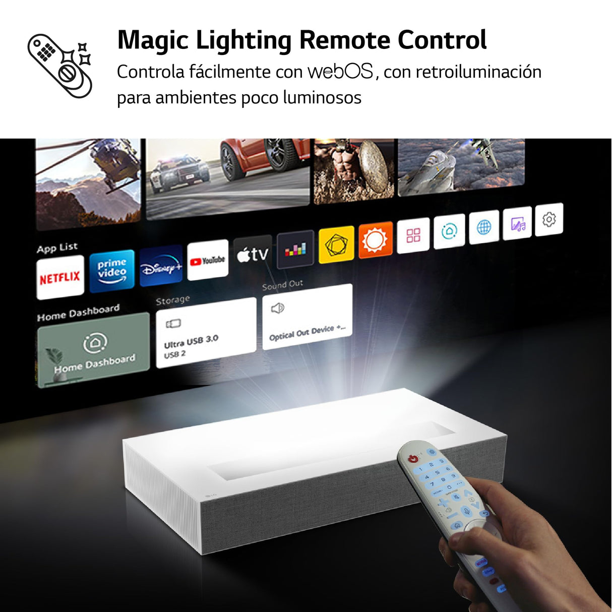 LG HU85LS - Proyector 4K, CineBeam, SmartTV, webOS 4.5, hasta 120 Pulgadas, Fuente Láser 3 Canales, 2.700 lúmenes, 3840 x 2160px, Dolby Surround Audio, Blanco