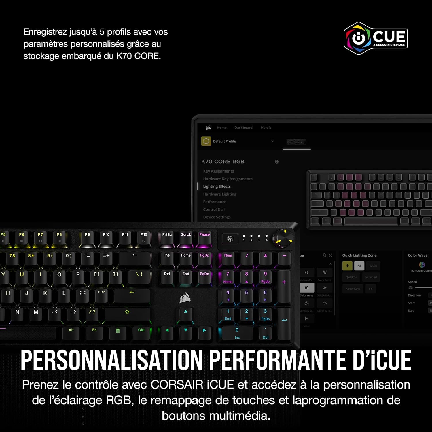 Corsair K70 Core RGB Teclado mecánico de Juego con reposamuñecas - Teclas lineales prelubricadas MLX Red - Amortiguación del Sonido - Compatible con iCUE - AZERTY FR Layout - Negro