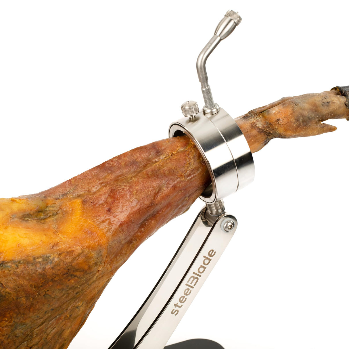steelBlade - Jamonero Sublim Articulado Giratorio 360º Acero Inoxidable con Ventosa de sujeción + Cubre jamón Kukuxumusu - Soporte Jamonero Fabricado en España