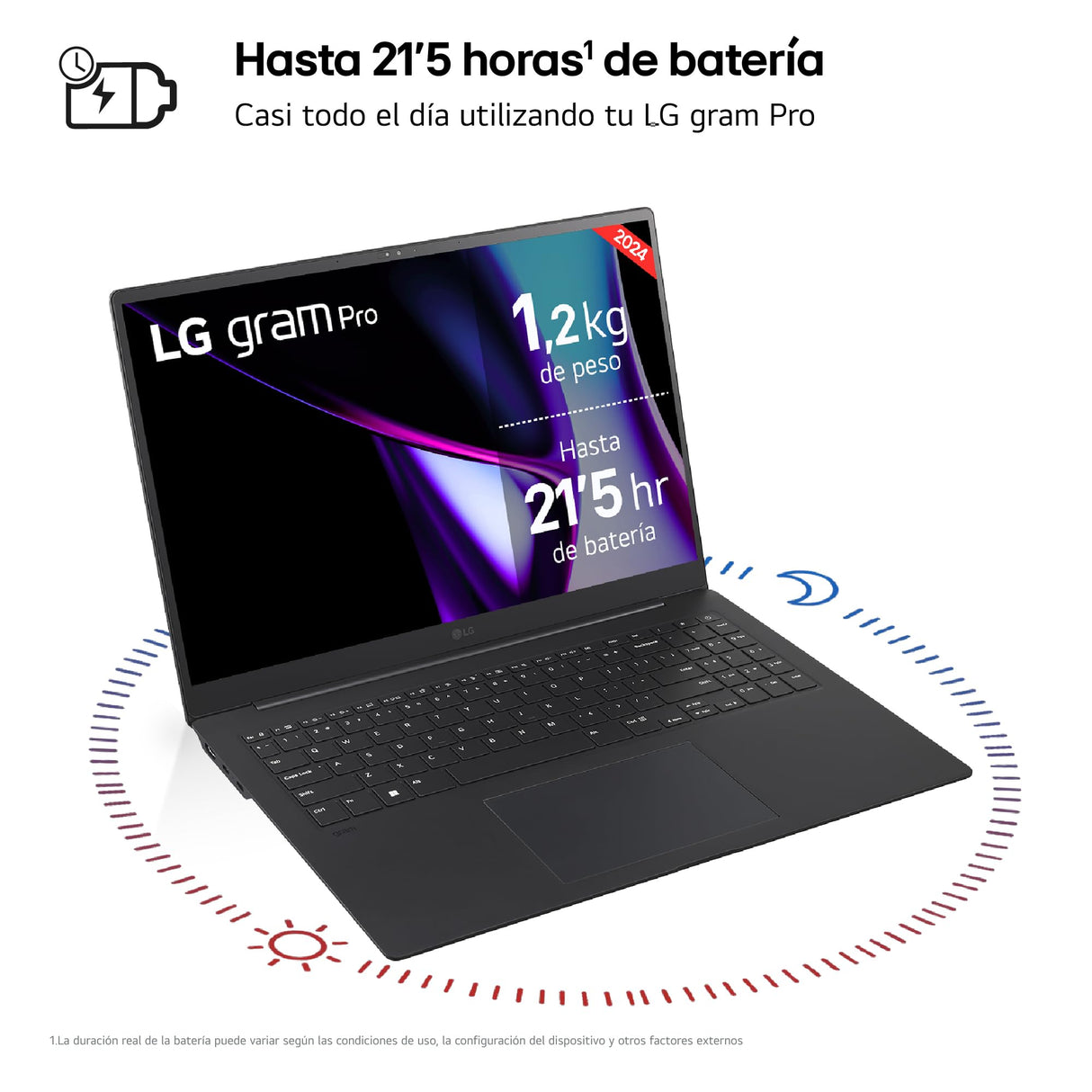 LG Gram Pro 16Z90SP-K.AA75B - Portátil Ultraligero de 40.6 cm (16") 2880x1800, Panel OLED Antirreflejo, Intel® Core™ Ultra 7, 16 GB RAM, 512GB SSD, 1,199 g, Batería 21.5 h, Windows 11, Negro Obsidiana
