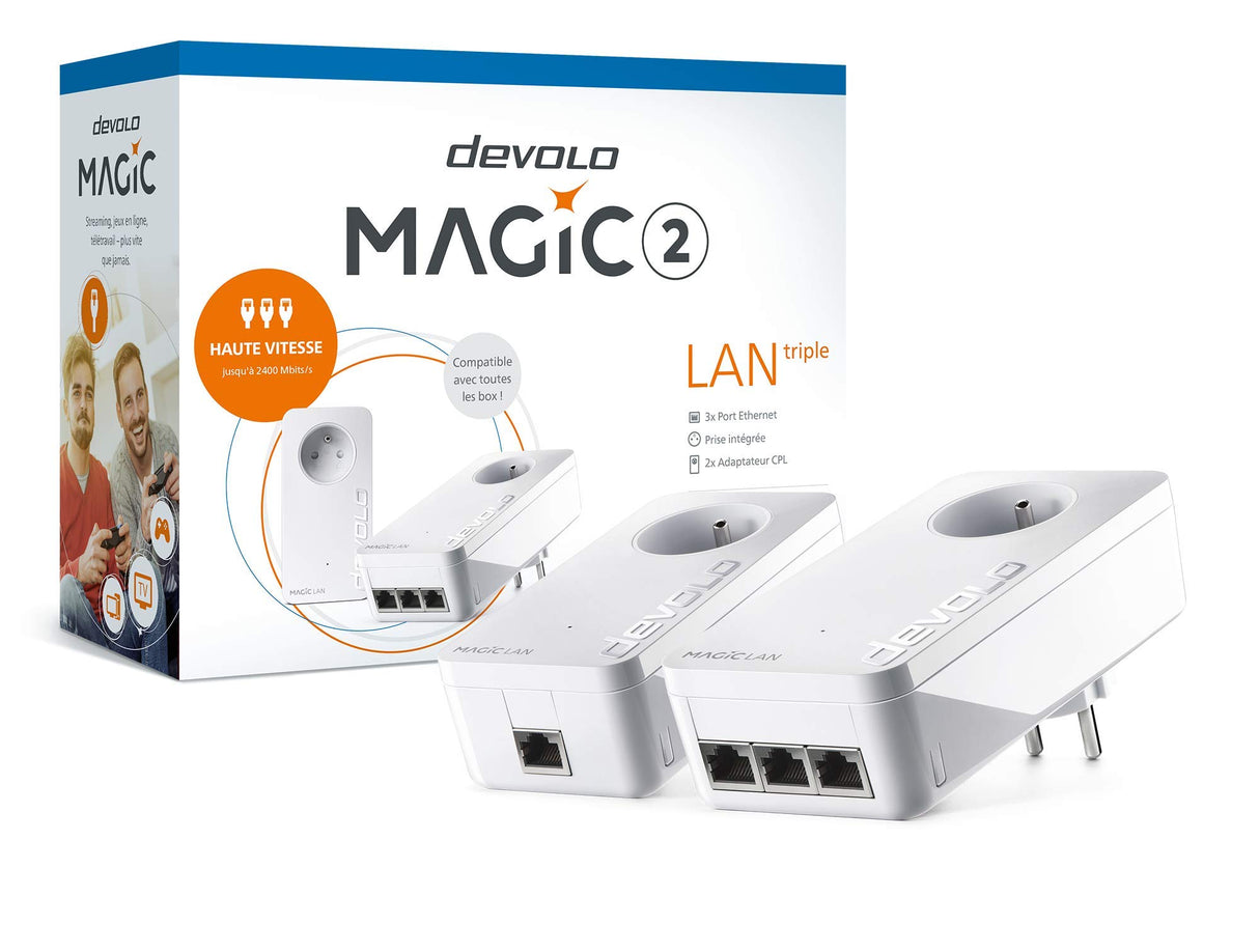 devolo Magic 2 LAN Triple - Kit de Inicio de PLC, con 3 Puertos Ethernet, para televisor Inteligente, Ordenador y Consola de Juegos, Enchufe francés