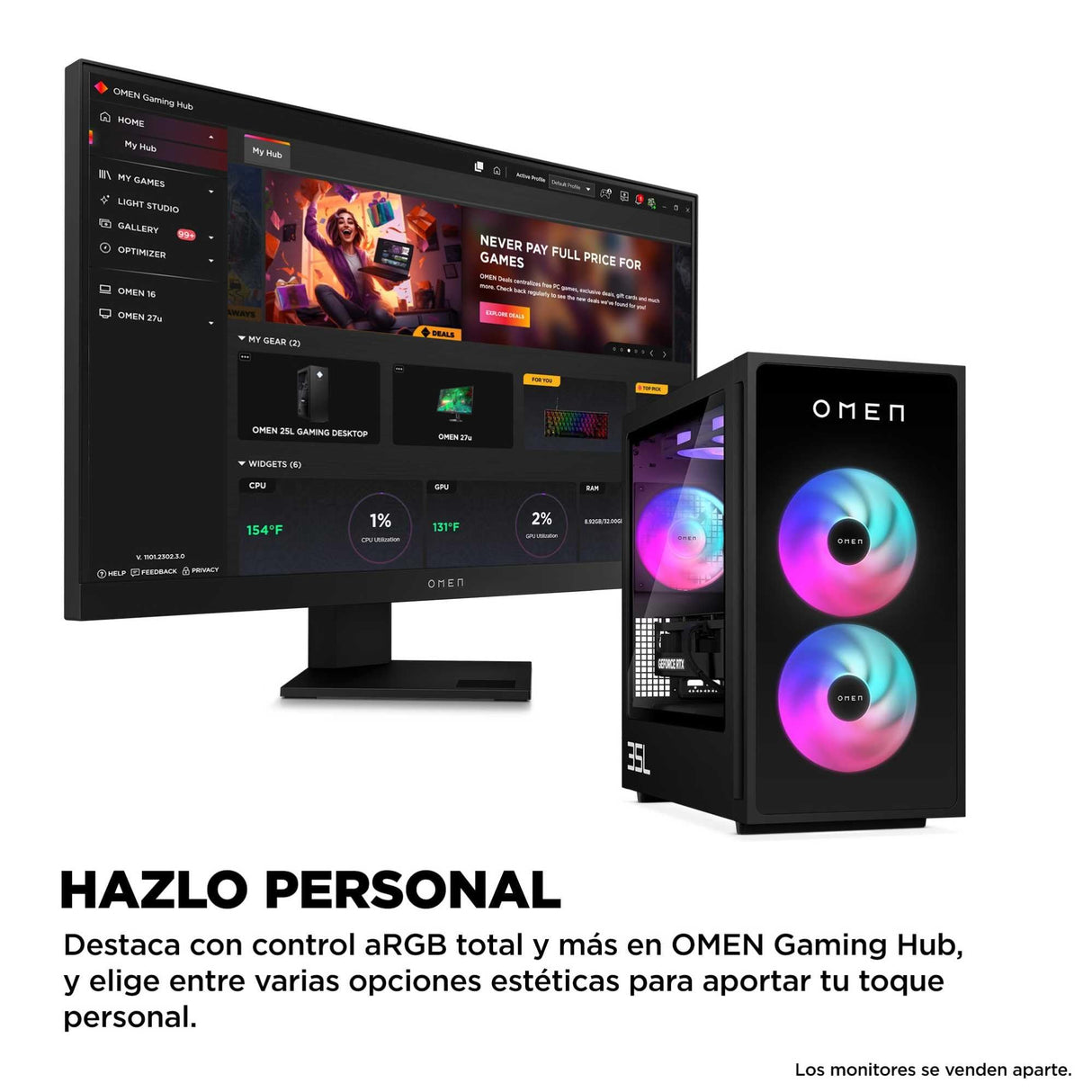 HP Ordenador sobremesa Gaming OMEN 35L GT16-0067ns (Procesador AMD Ryzen 7 8700F, 32GB RAM DDR5, 1TB SSD PCIe Gen4, NVIDIA GeForce RTX 5070 12GB, FreeDOS) - Negro