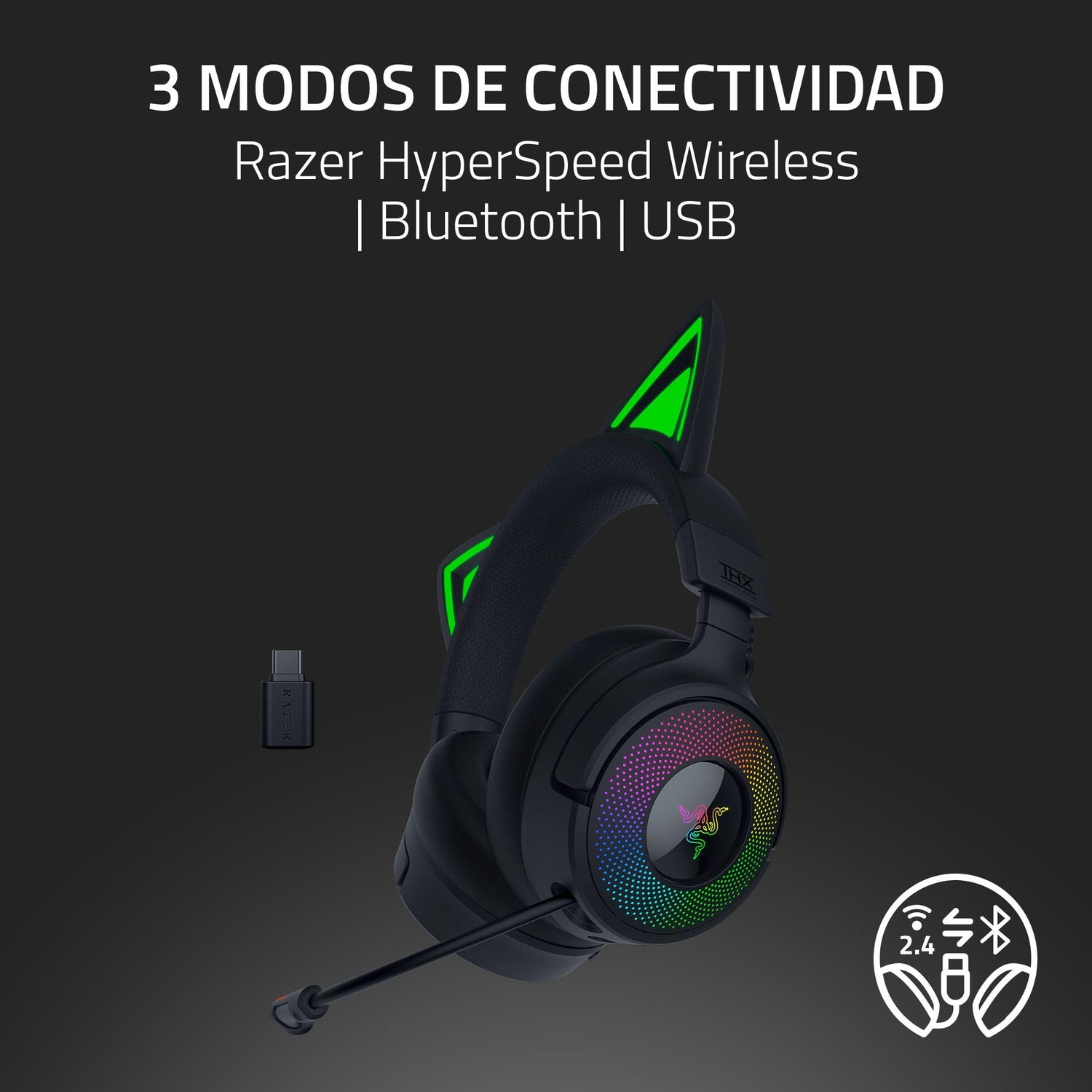 Razer Kraken Kitty V3 Pro - Auriculares inalámbricos RGB Kitty para Juegos - Orejas de Gato reactivas para Streaming - Diafragma 40mm - Hyperspeed Wireless y Bluetooth - THX Spatial Audio | Negro
