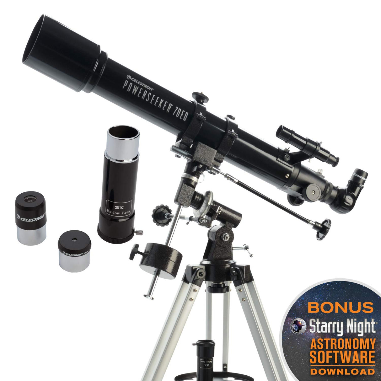 Celestron 21037 PowerSeeker 70EQ Telescopio refractor : incluye dos oculares, diagonal de imagen recta, lente Barlow de 3 aumentos, trípode ajustable en altura y bandeja de accesorios de lujo, negro
