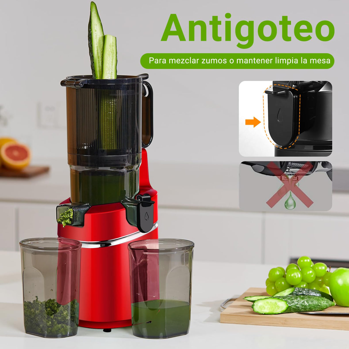 AMZCHEF Extractor de Zumos y Verduras Automático, 135MM Apertura y 1.8L Capacidad Licuadora para Verduras y Frutas Entera, 250W Licuadora Prensado en Frio Lento con Triple Filtro - Rojo
