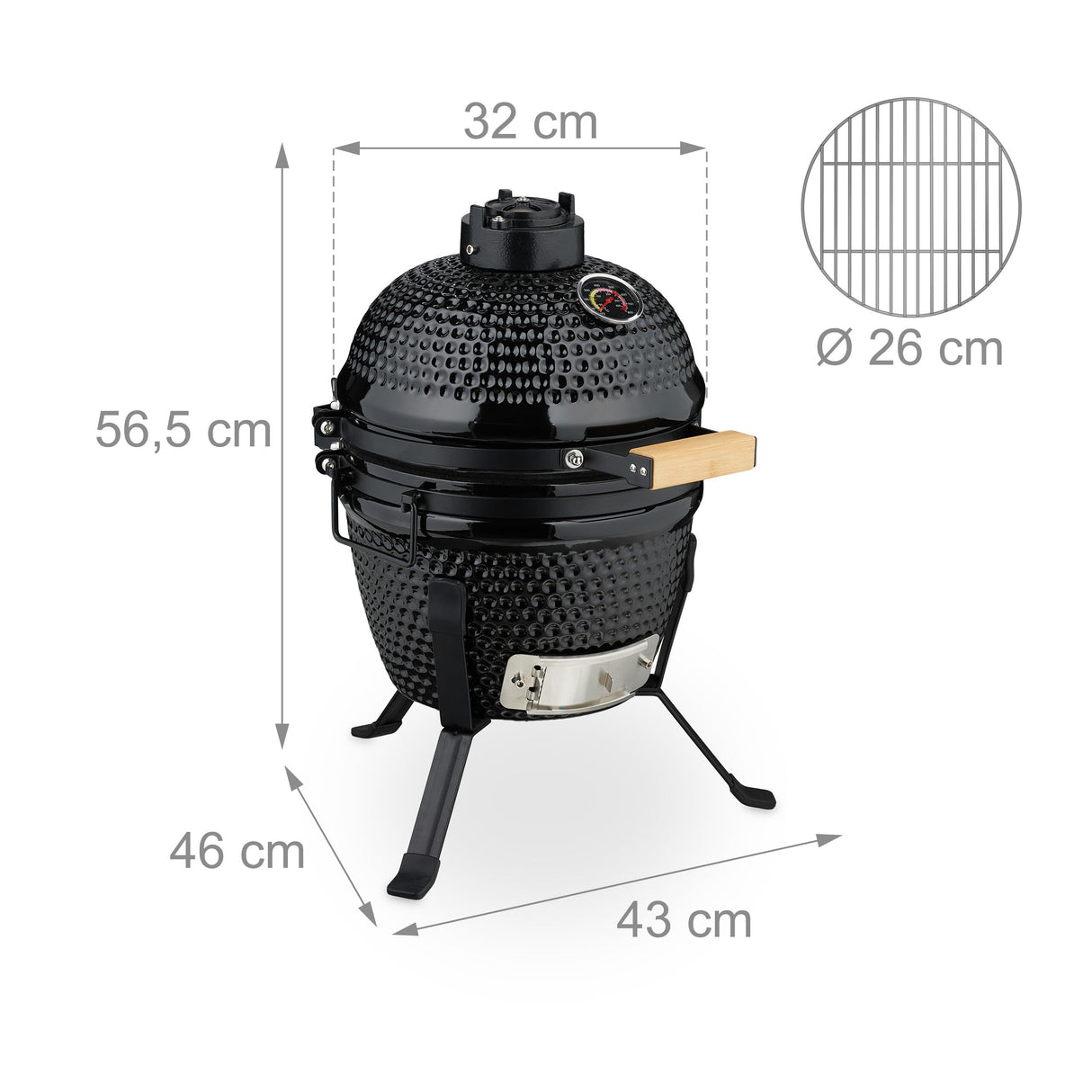 Relaxdays Barbacoa de Carbón Kamado, 26 cm Ø, Parrilla Cerámica con Termómetro hasta 450°C, BBQ, Asar y Cocinar, Negro, Acero Inoxidable, Hierro