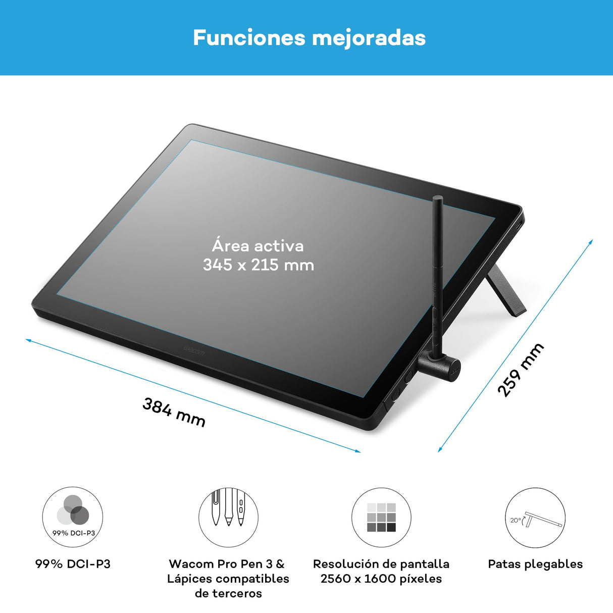 Wacom Cintiq 16 (Edición 2025) – Tableta Gráfica con lápiz 2.5K compacta con Wacom Pro Pen 3, Vidrio antirreflejo, Soporte Plegable y USB-C