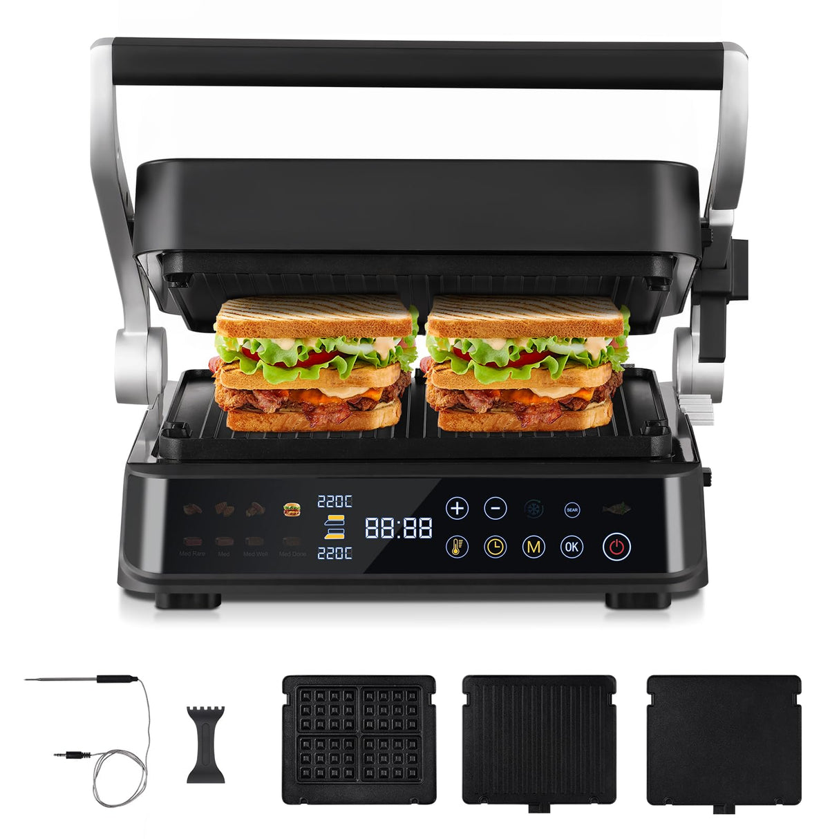 AMZCHEF parrilla eléctrica con 6 programas, función Sear hasta 280 °C, modo manual, sensor de temperatura, placas desmontables y bandeja para gofres. Ideal para carne, pescado, paninis y gofres
