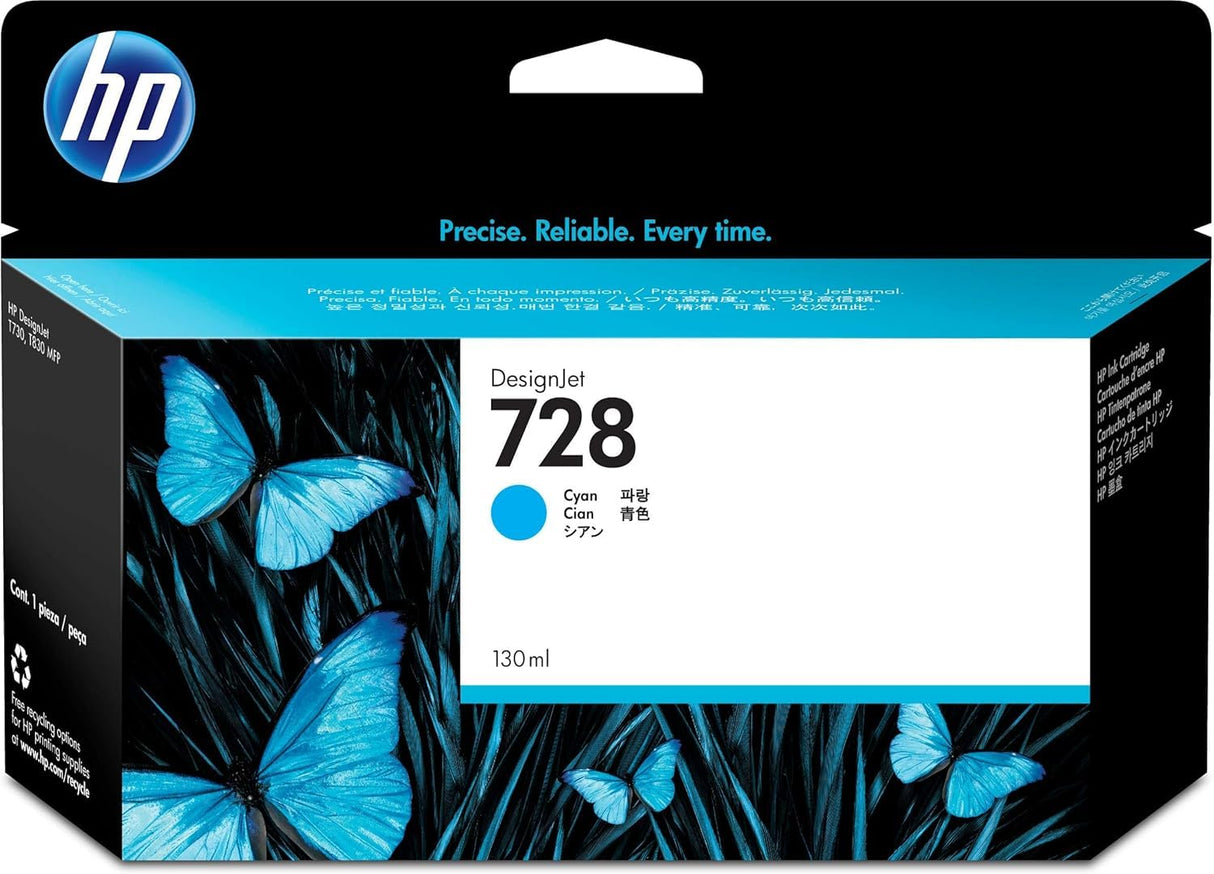 HP 728 F9J67A Cian, Cartucho de Tinta Original HP, de 130ml, para Impresoras Plotter de Gran Formato HP DesignJet T730 y T830 y Cabezal de Impresión HP 729