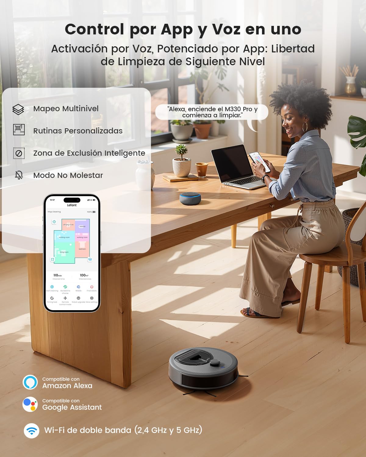 LEFANT M330 Pro Robot Aspirador y Fregasuelos con Mapeo 3 en 1, Navegación dToF, 5000Pa, Diámetro 28cm, Evitación de Obstáculos PSD 190°, App/Alexa/i Watch, Ideal para Pelo Mascotas y Alfombras, Gris