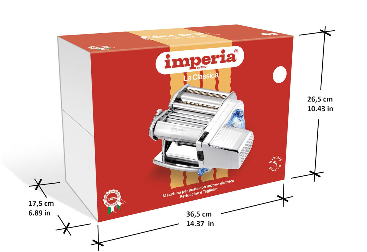 Imperia Electric Línea Clásica. Máquina de pasta eléctrica. Made in Italy. Máquina de pasta fresca en acero con motor eléctrico 220v. Laminadora eléctrica para lasagne, tagliolini, fettuccine. (Plata)