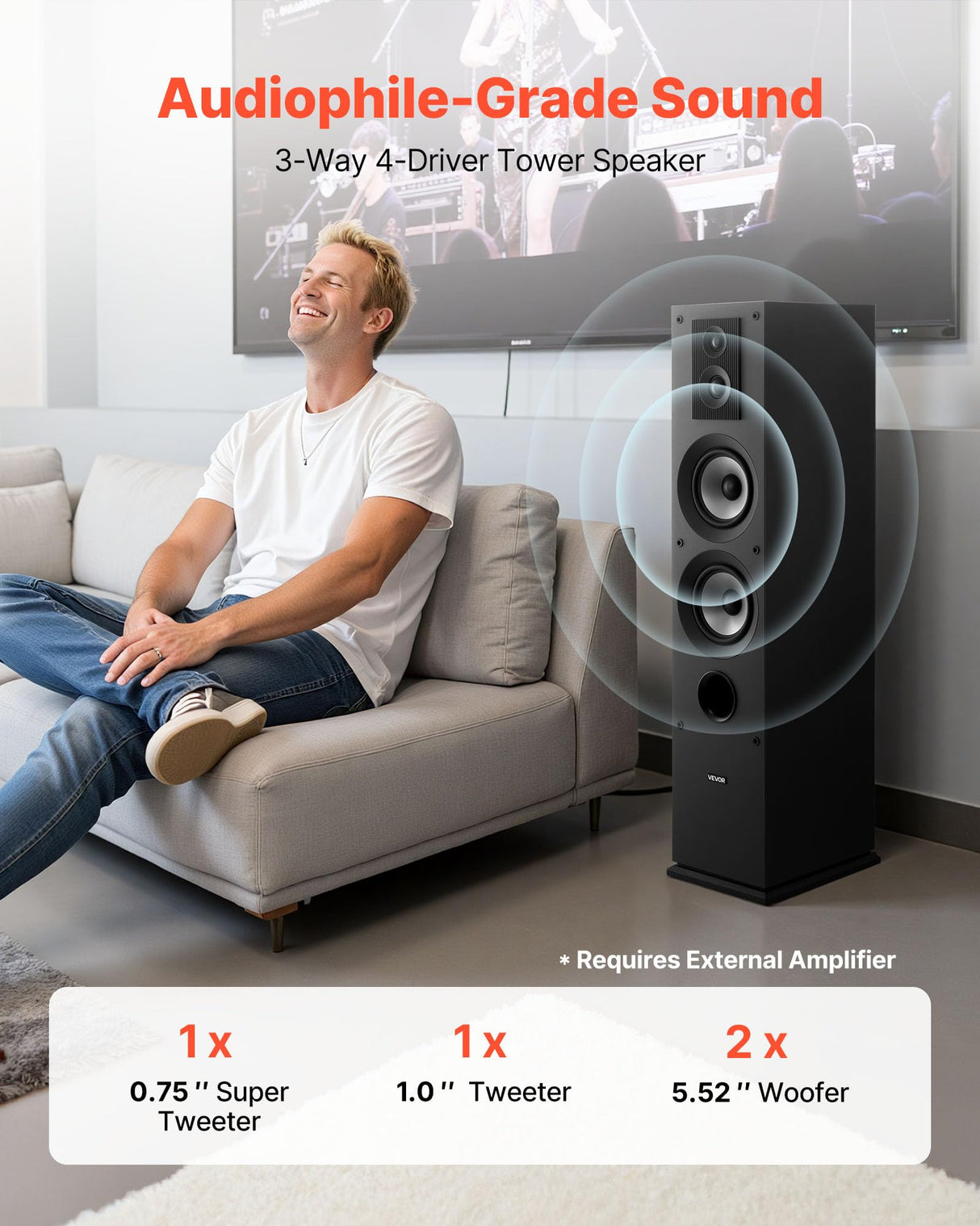 VEVOR Par de Altavoces de Suelo, Sistema de 3 Vías con Tweeters de 1,91 cm y 2,54 cm, Dos Woofers de 13,34 cm, Potencia Máxima de 145 W, Respuesta de Frecuencia de 70 Hz a 20 kHz, Carcasa de MDF