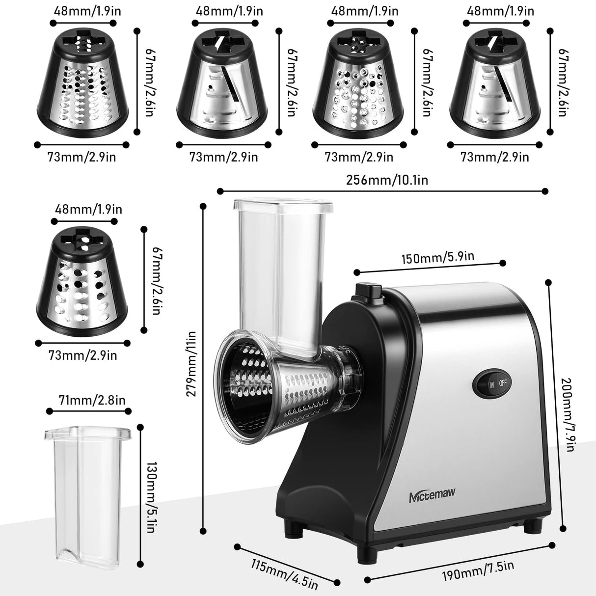 Meykey Cortador Eléctrico de Frutas y Verduras de Acero Inoxidable, 250 W, 5 Cuchillas Cónicas