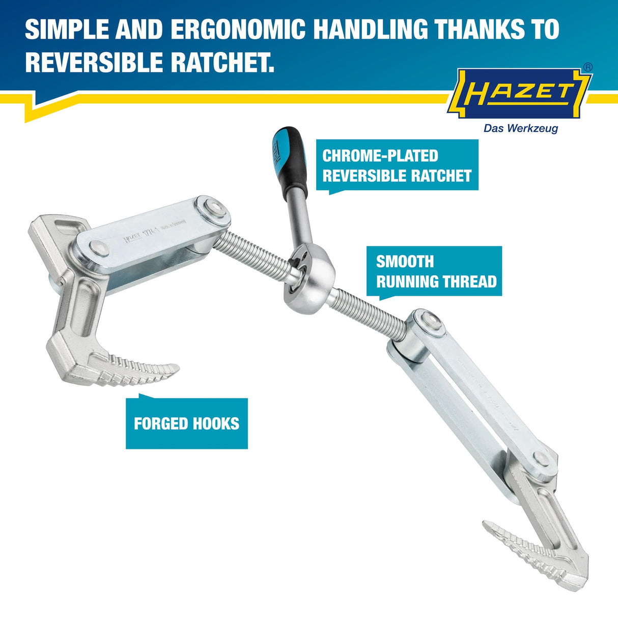 Extractor de vigas HAZET 1774-1 I carrera de sujeción: 115 mm, anchura total: 440 mm, longitud de la carraca: 275 mm, rosca trapezoidal TR 16 x 5 I para sujetar, tirar y comprimir madera