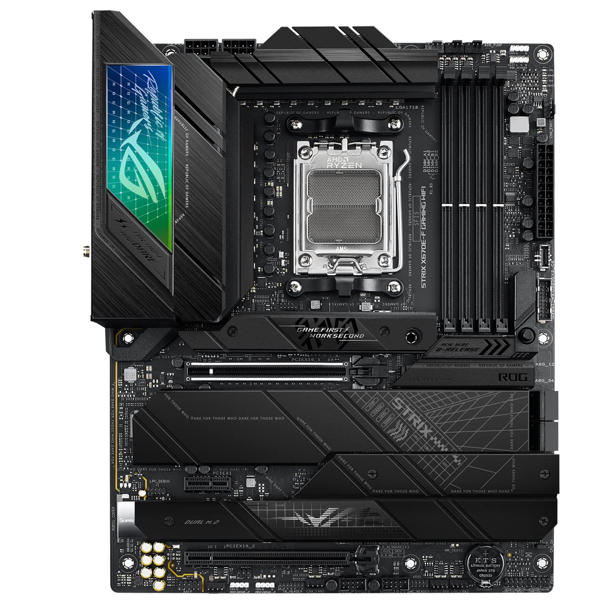 ASUS ROG Strix X670E-F Gaming WiFi - Placa Base ATX (AMD Ryzen AM5, VRM de 16 + 2 Fases, DDR5, 4 Ranuras M.2, USB 3.2 Gen 2 x 2, PCIe 5.0, WiFi 6E, AI Cooling II y Aura Sync)