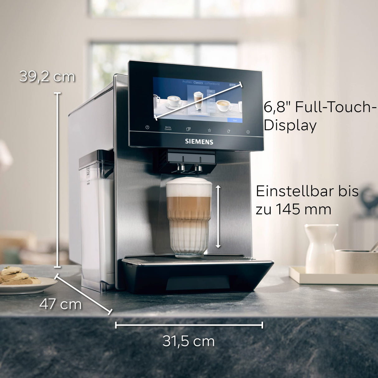 Siemens cafetera automática EQ900 TQ905D03, pantalla táctil, modo barista, reducción de ruido, 10 perfiles, trituradora premium, limpieza de vapor, 1500 W, acero inoxidable