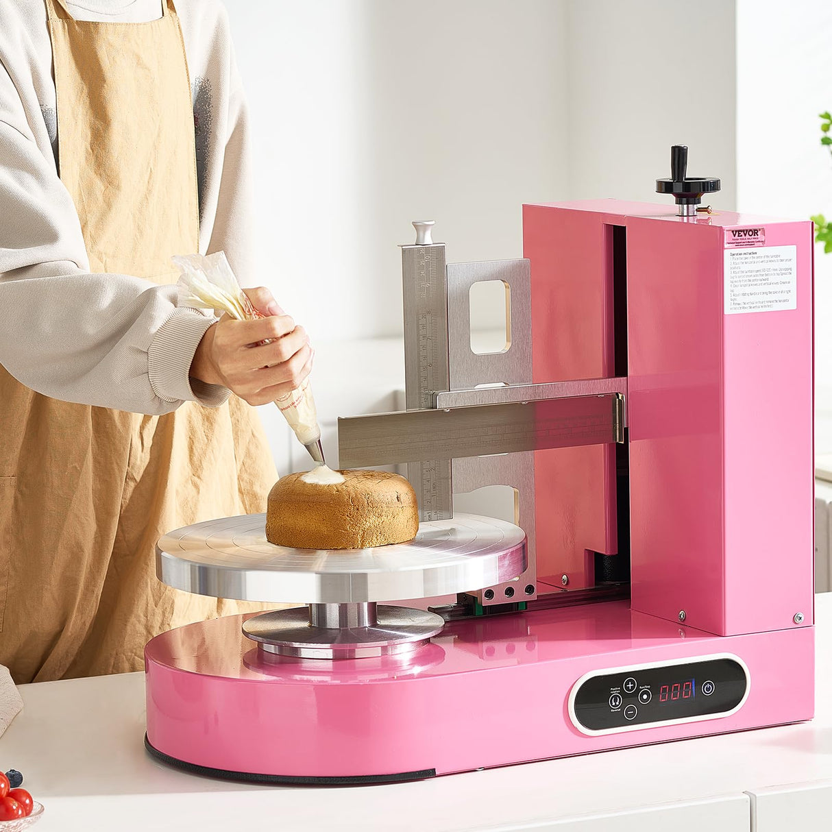 VEVOR Máquina para Decorar Pasteles, para Untar y Cubrir Crema, Bajo Ruido, Plato Giratorio con Raspador Ajustable, para Pasteles 15 y 35 cm, Velocidad de Rotación 25-320 RPM, Rosa, 600 x 370 x 550 mm