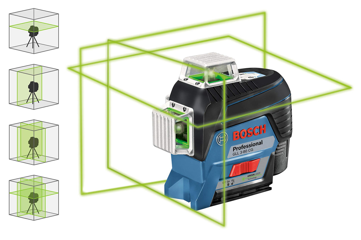 Bosch Professional Sistema 12V Nivel Láser GLL 3-80 CG (1 batería 12V + cargador, láser verde, interior, conexión Bluetooth, alcance hasta 30 m, soporte universal BM1, en L-BOXX), Estándar