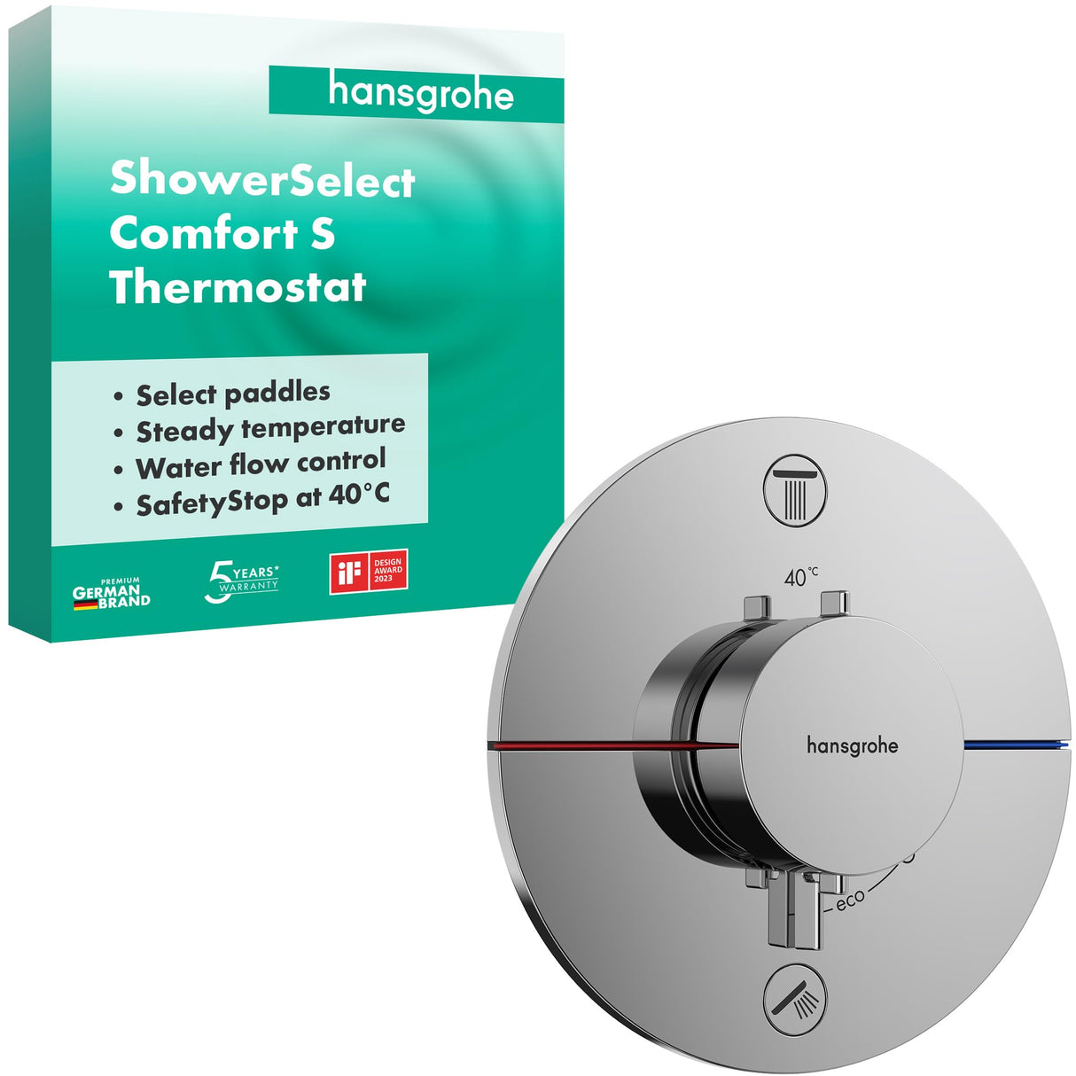 hansgrohe ShowerSelect Comfort S, termostato empotrado , grifo con botón de seguridad (SafetyStop) a 40 °C, termostato redondo para ducha y bañera, mezclador para 2 funciones, cromo