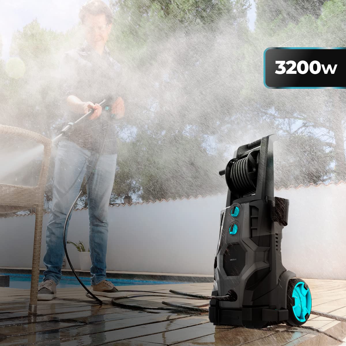 Cecotec Hidrolimpiadora de Alta Presión HydroBoost 3200 TotalClean, 3200 W, Motor Brushless, Hogar, Jardín o Coche, Caudal 540 l/h, Presión 225 bares, Bomba de aluminio, Radio de acción 14 m