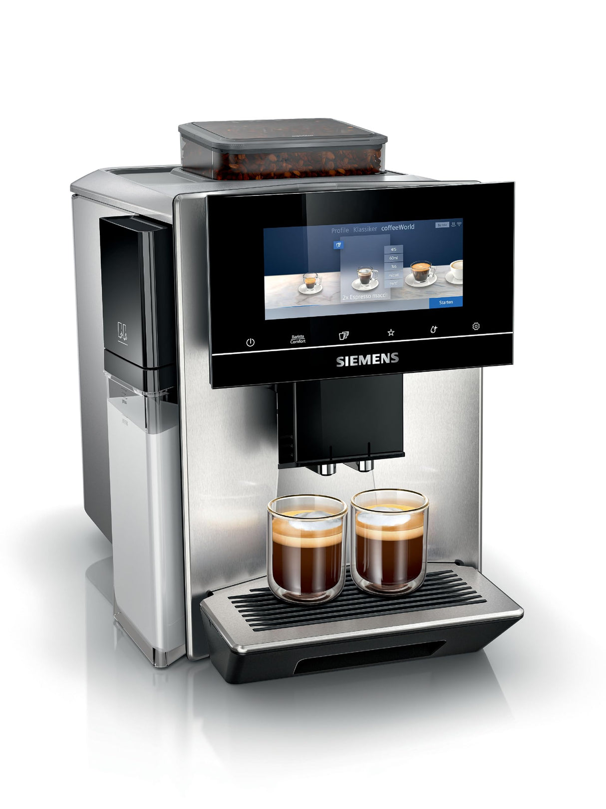SIEMENS Cafetera EQ900 Plus TQ903DZ3 automática. Limpieza y descalcificación, control de aplicaciones, pantalla táctil intuitiva, modo barista, reducción de ruido, molienda premium, 1500 W, acero