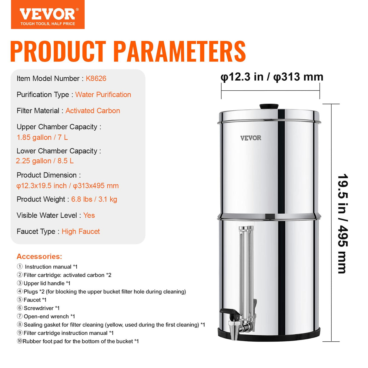 VEVOR Sistema de Filtración de Agua por Gravedad 8,5 L Sistema de Encimera Acero Inoxidable Reduce Plomo y hasta 99% de Cloro con 2 Filtros de Carbón y Grifo Nivel de Agua Visible para Camping