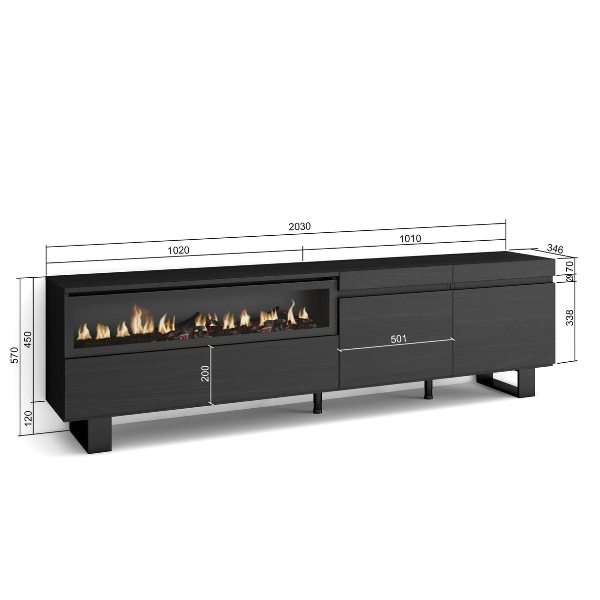 Skraut Home | Mueble TV | Televisión | Muebles de salón, almacenaje | 200x57x35cm | para TV hasta 80" | Chimenea eléctrica | Diseño Industrial | Estilo Moderno | Negro