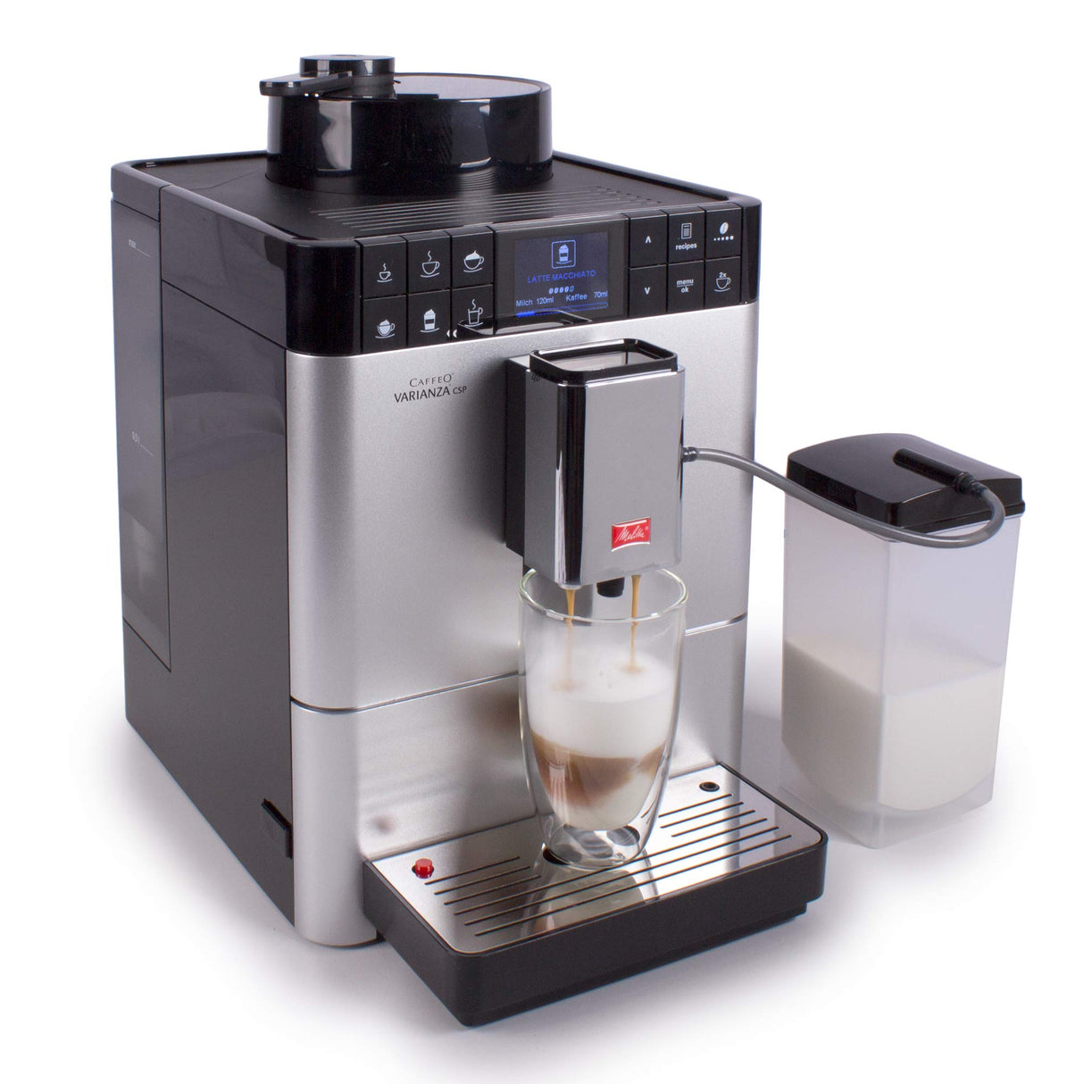 Melitta Caffeo Varianza CSP F570-101, Cafetera Molinillo, Café en Grano, Personalizable, Pantalla TFT, Limpieza Automática, 15 Bares, Plata, 1450 W, 1.2 litros, Acero Inoxidable, 5 Velocidades