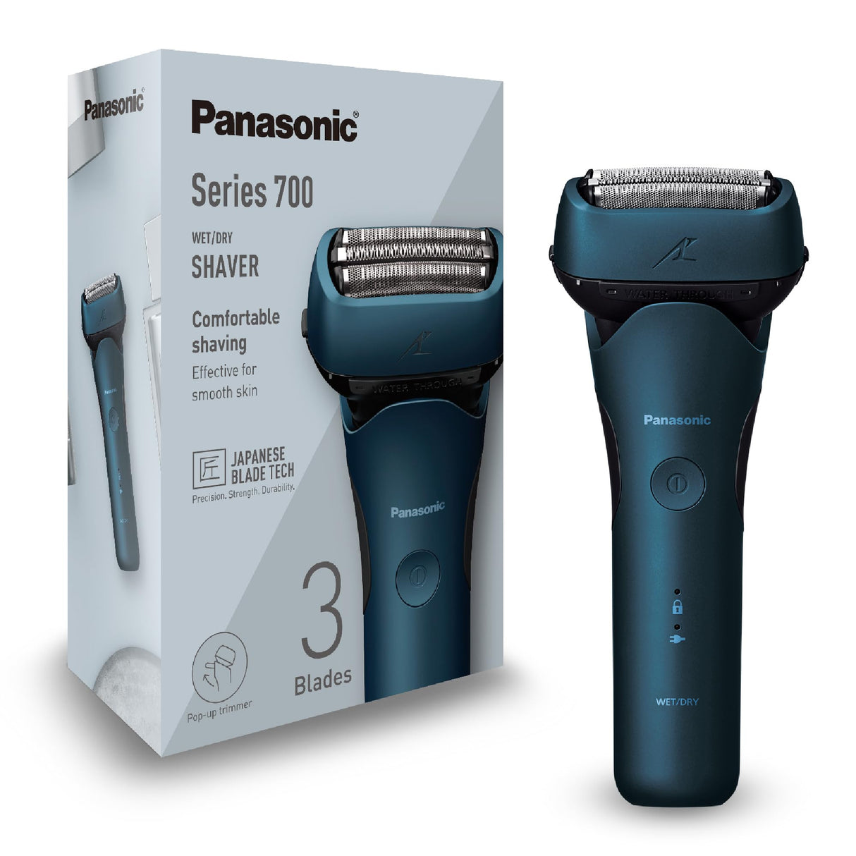 Panasonic Series 700 ES-ALT4B Afeitadora Eléctrica 3 Hojas para Uso en Seco y Húmedo para Hombres, Inalámbrica Impermeable, Sensor Receptivo, Cabezal Flexible, Trimmer, Agarre Ergonómico, Azul