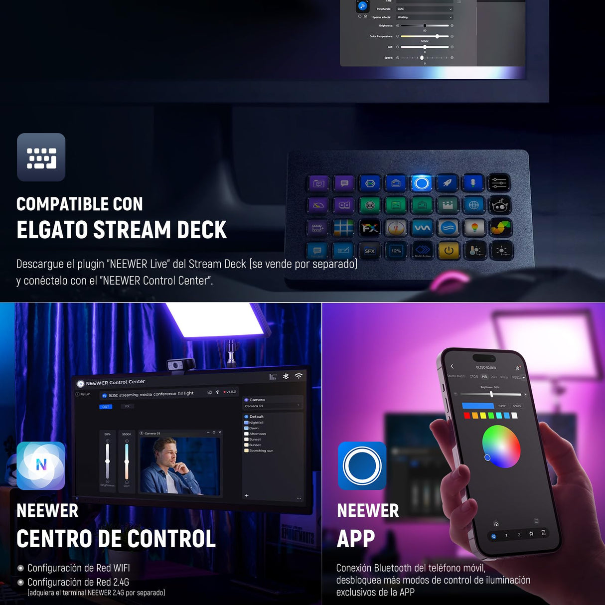 NEEWER GL25C LED RGB Streaming Key Light, App/PC/Stream Deck Control 25W 2500Lux/0.5m 2900K-7000K CRI95+/TLCI97+ Full RGB Regulable Borde Emitiendo Silencio Cámara Video Luz con Soporte de Escritorio