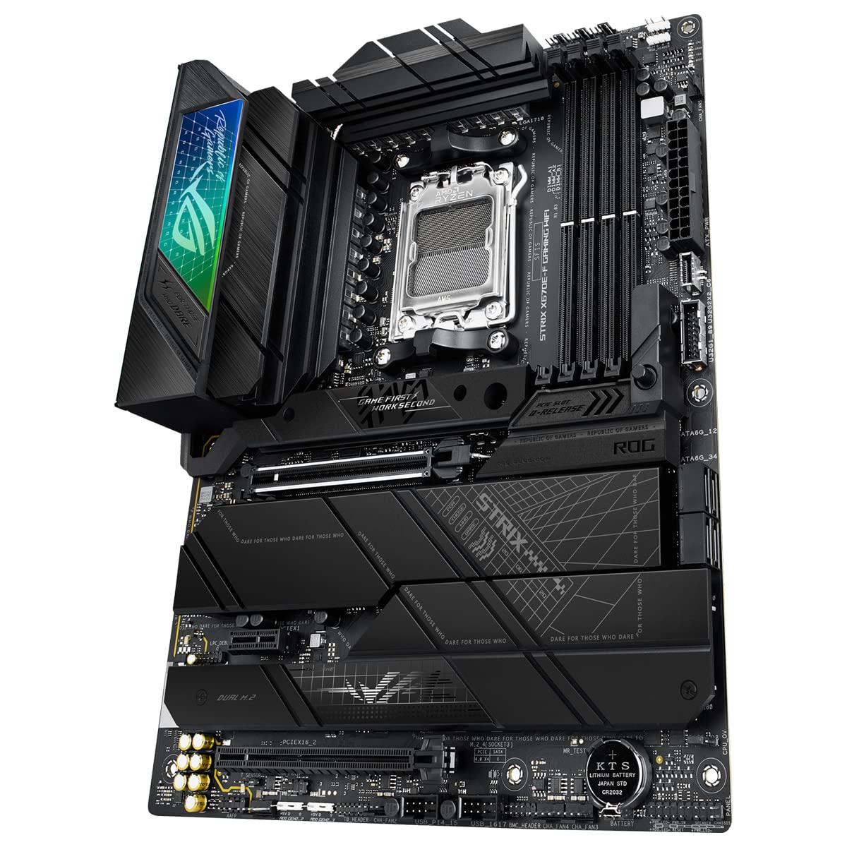 ASUS ROG Strix X670E-F Gaming WiFi - Placa Base ATX (AMD Ryzen AM5, VRM de 16 + 2 Fases, DDR5, 4 Ranuras M.2, USB 3.2 Gen 2 x 2, PCIe 5.0, WiFi 6E, AI Cooling II y Aura Sync)