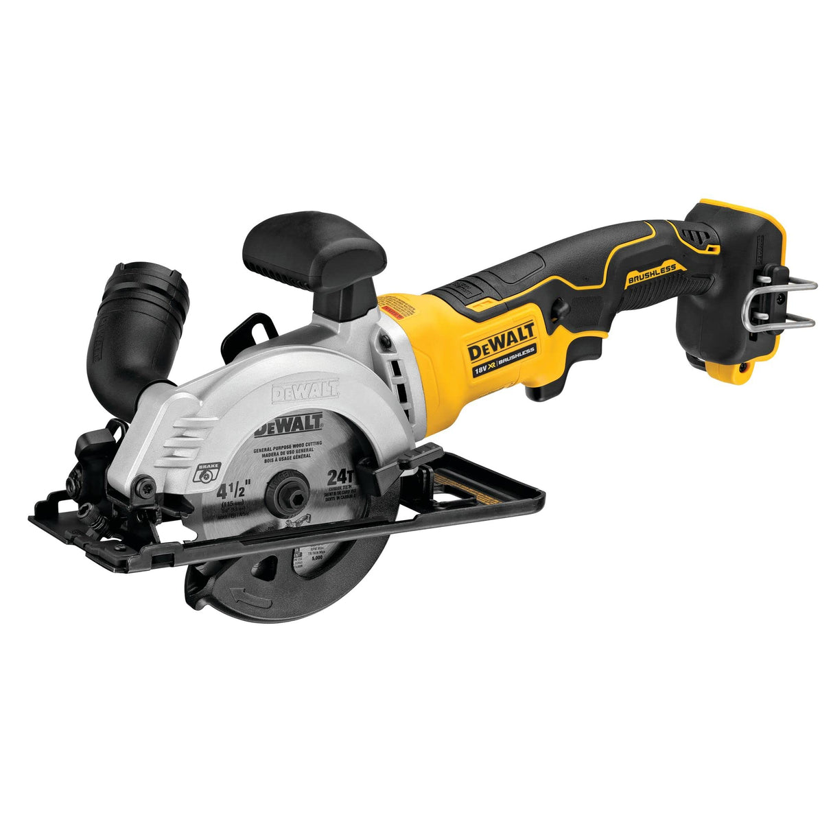 DEWALT DCS571N-XJ - Sierra Circular de Mano sin Escobillas XR 18V, Diámetro de hoja 115mm, Hoja de sierra 24 dientes, Empuñadura Ergonómica, Freno Electrónico, Cambio Rápido de Cuchilla