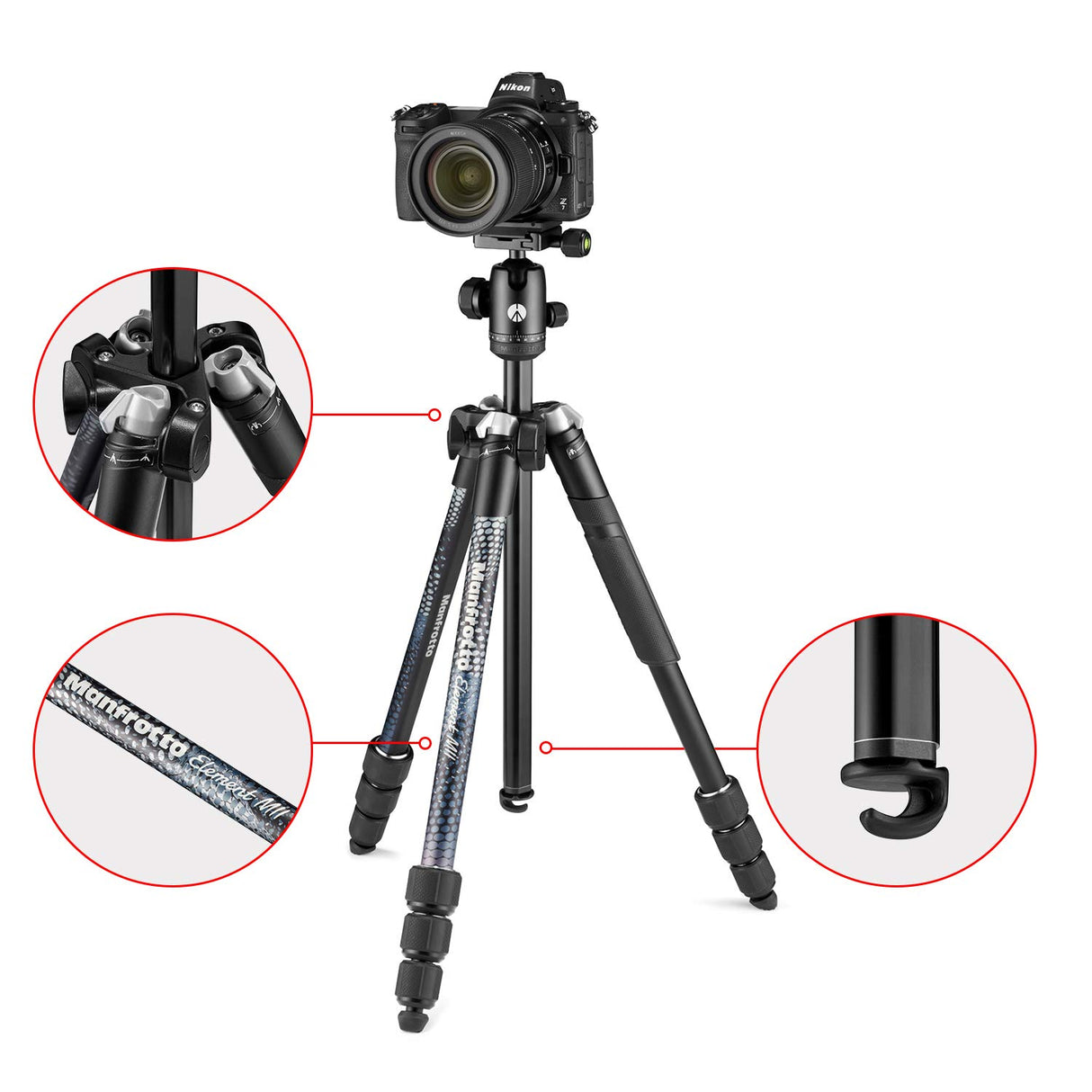 MANFROTTO Trépied Element MII Aluminium Noir 4 Sections BH - MKELMII4BK-BH