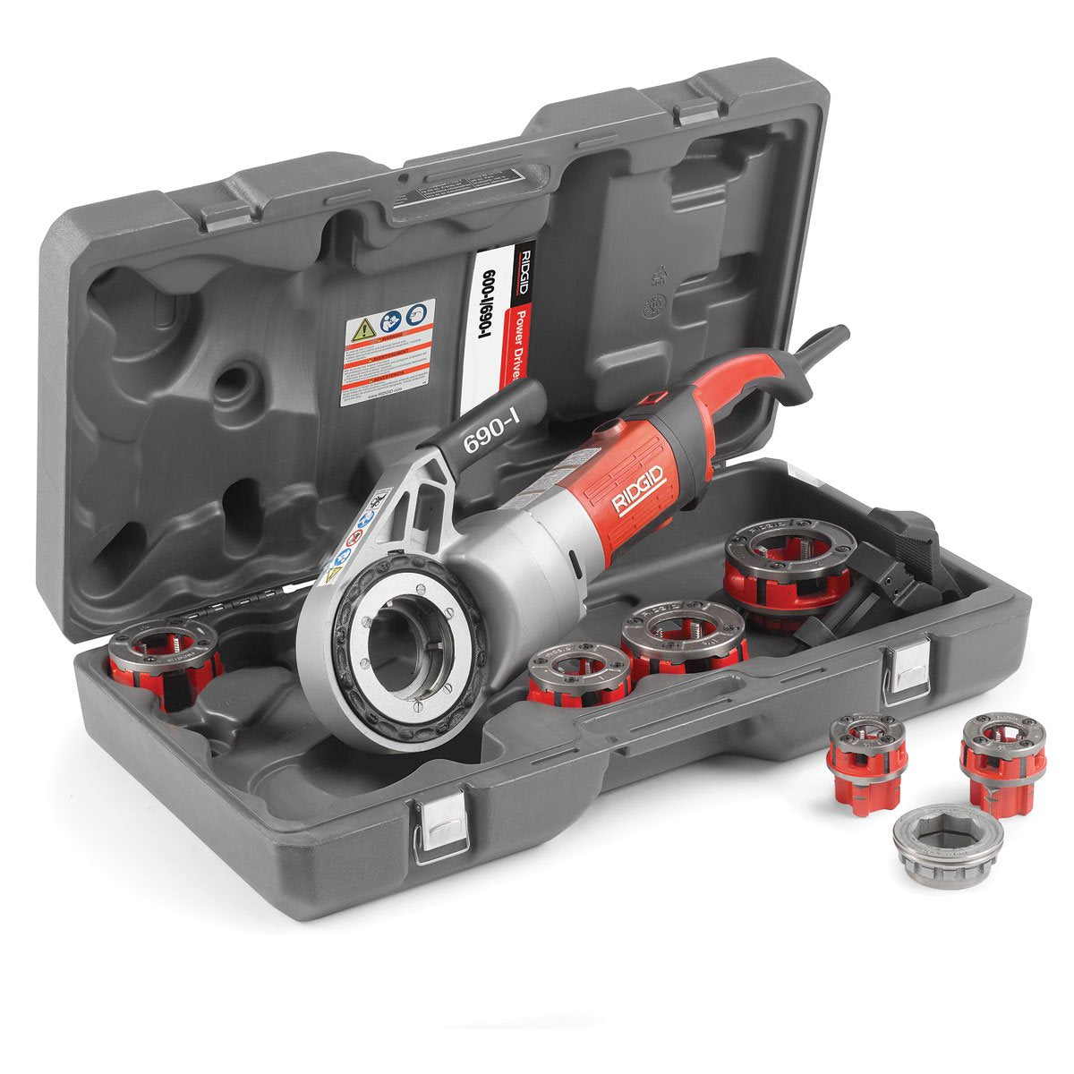 RIDGID 44943 Modelo 690-I Accionamiento Eléctrico con Troqueles de Roscado de 1/2 a 2 pulgadas BSPT 11R, Caja y Brazo de Soporte