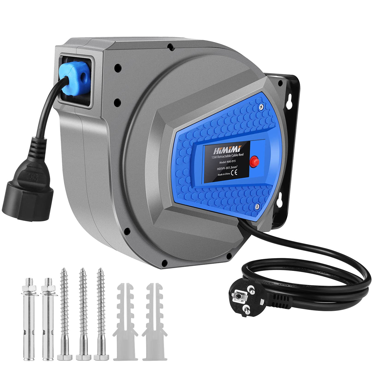 Himimi Carrete de cable automático de 15m + 1m, 1500W ~ 3000W tambor de cable, recogecables montaje en pared 180°, giratorio para montaje en pared con soporte de montaje