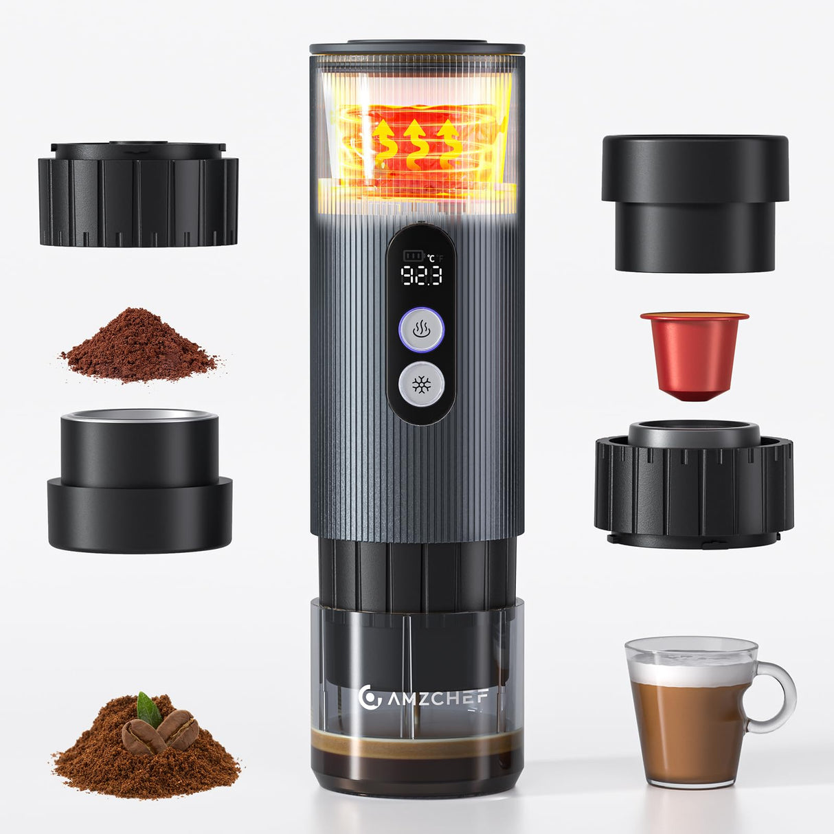AMZCHEF Cafetera Portatil – 20 Bares, USB-C, Pantalla Digital,Compatible con Cápsulas – Cafetera Portátil Cápsula de Espresso para Viajes, Camping y Oficina,Aluminio