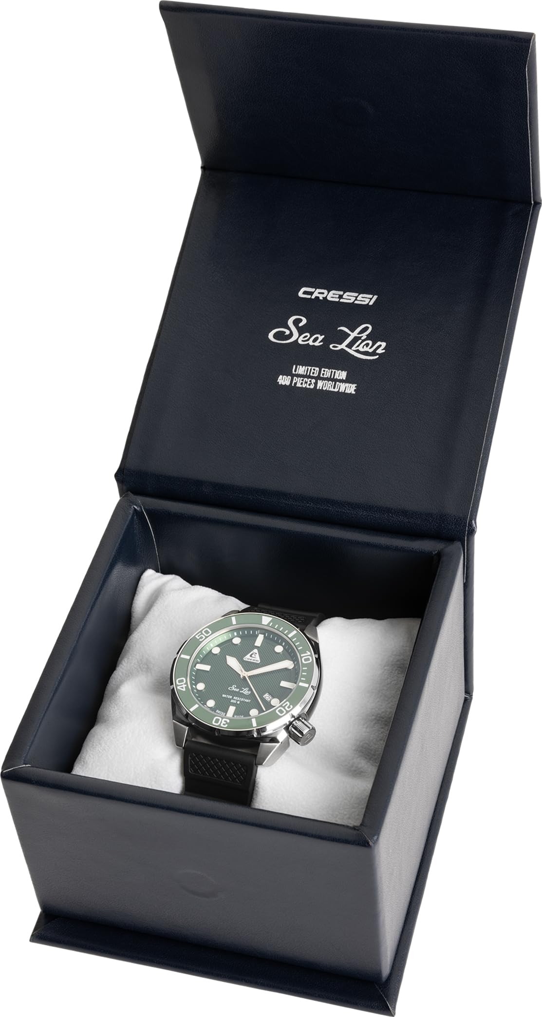 CRESSI Sea Lion Watch Plata/Verde 300m - Reloj de Buceo Profesional Unisex, Paraggi Edición 100% Swiss Made, Estanco hasta 300 Metros