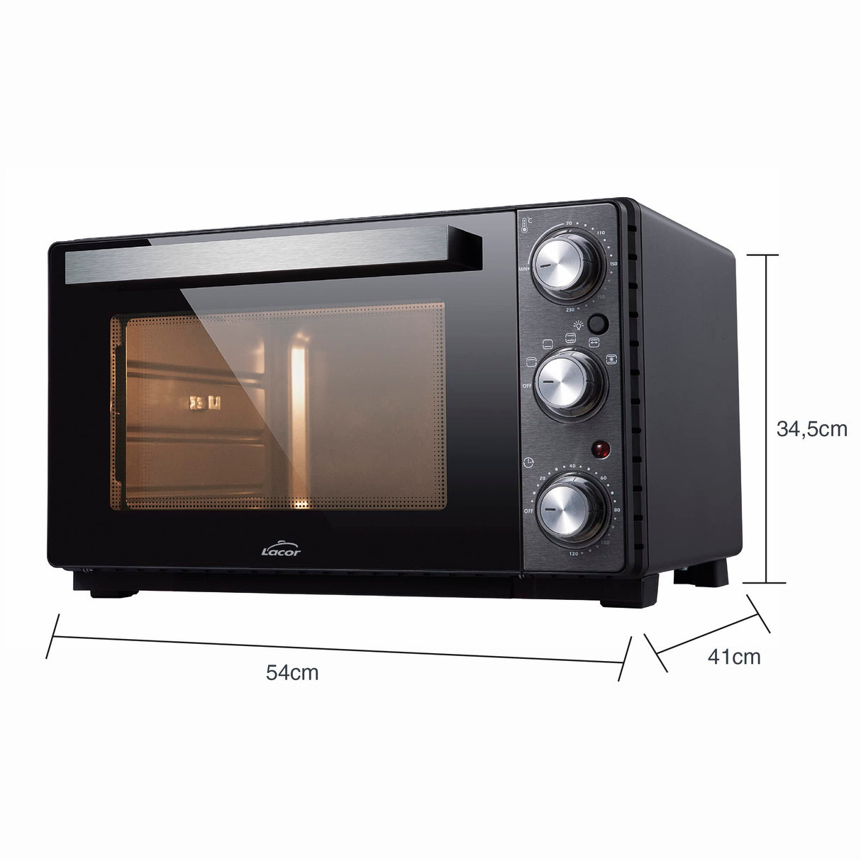 Lacor - 69347 - Horno Eléctrico Sobremesa, Horno Pequeño Cocina, Convección con Carcasa de Acero, Temperatura: 70ºC-230ºC, 54x34,5x41 cm, Capacidad: 35 L, Negro