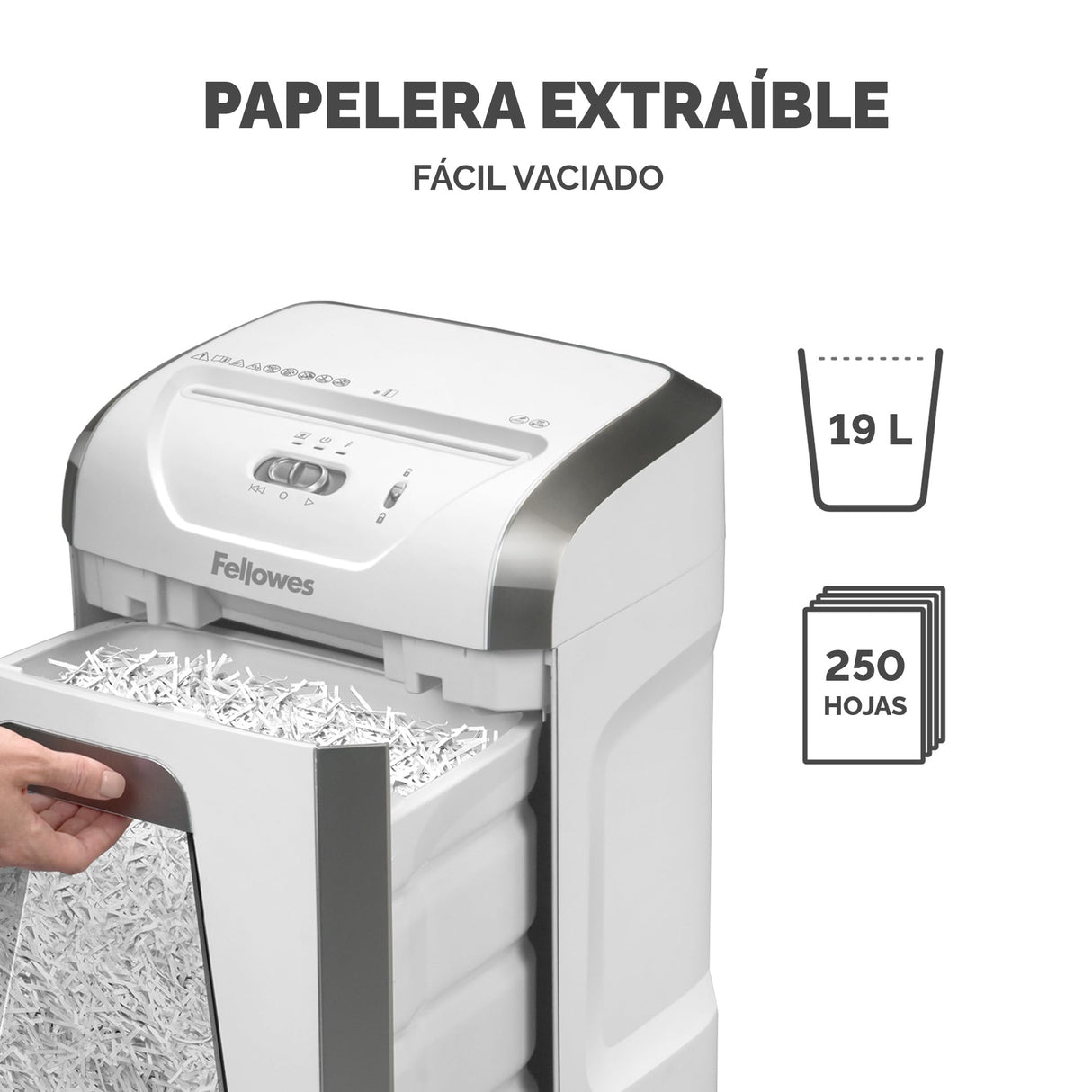 Fellowes Destructora de Papel 15C - Trituradora de Papel, Corte en partículas, destruye hasta 12 Hojas, destructora de Papel Uso Personal, Papelera extraíble de 19L, Nivel de Seguridad DIN-P4, Blanca